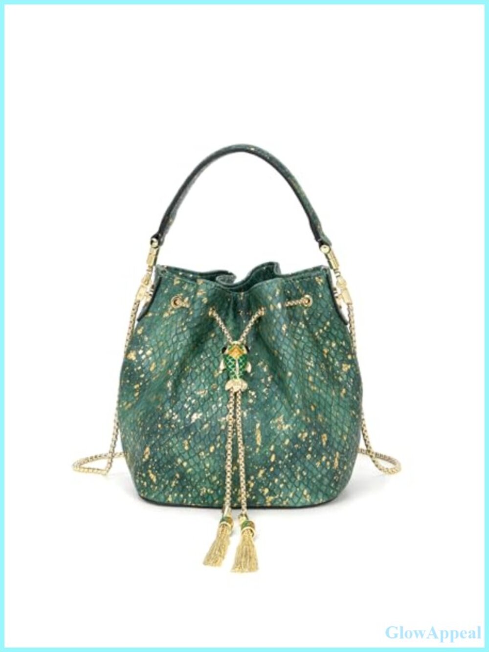 Snake Embossed Leather Clutch Bucket Bag w/ Chain Crossbody Strap